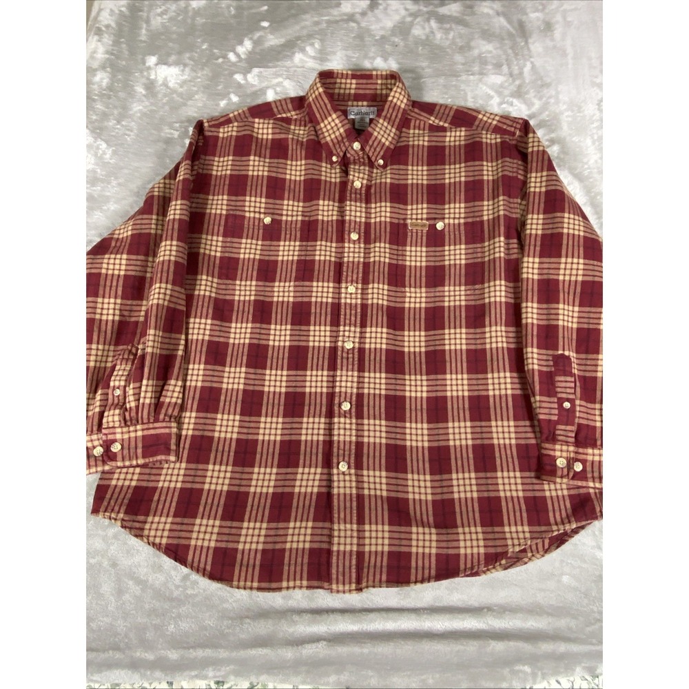 Carhartt Men's 2XL Red Tan Plaid Flannel Shirt Leather Logo Patch Button Front
